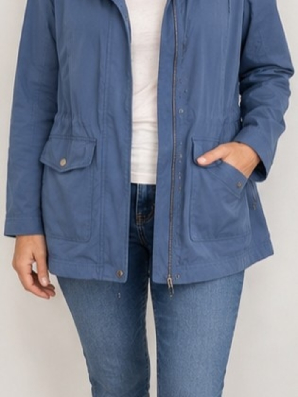 J Jill Womens L Petite Blue Hooded Utility Jacket Zip Drawstring Cargo Pockets